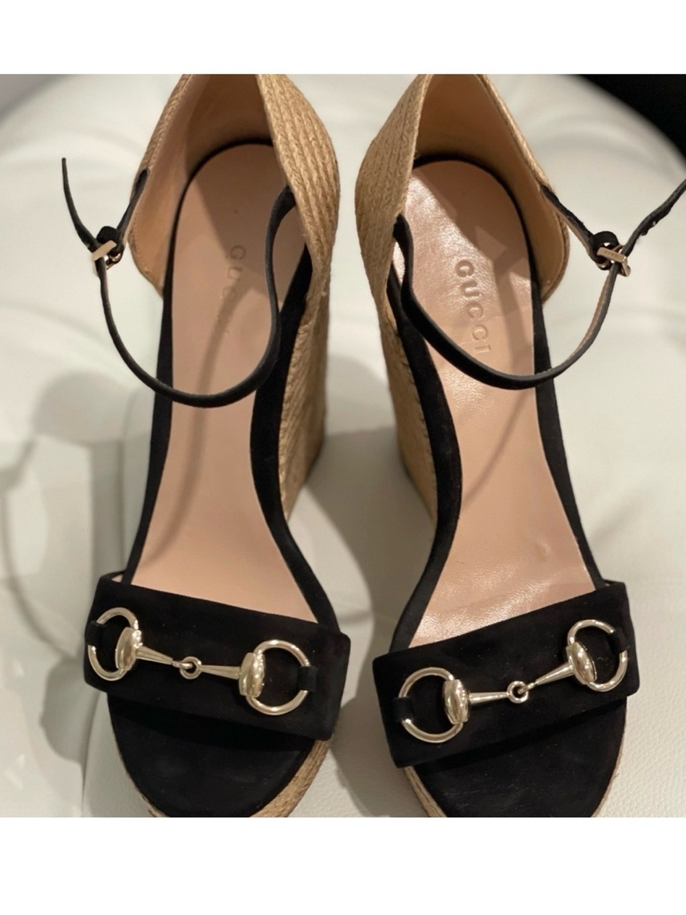 Gucci Black Suede Espadrille Wedge Sandals with Gold Horsebit - Picture 2 of 6